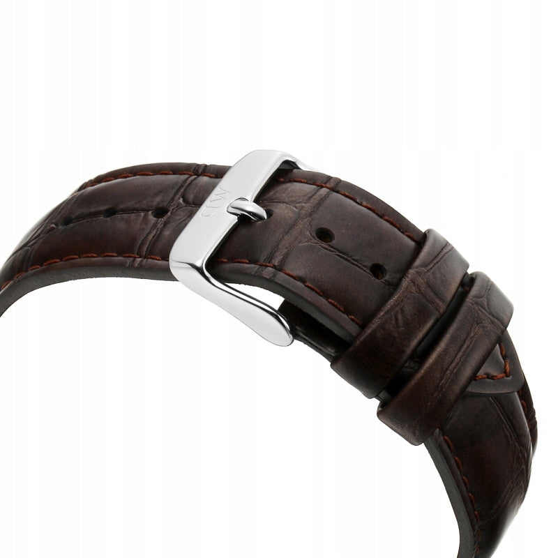 Daniel Wellington York brown genuine leather strap with silver buckle and stitching detail