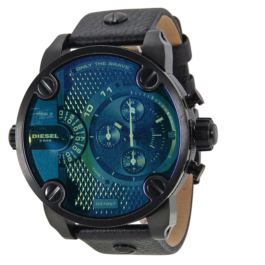 Diesel Big Daddy DZ7257 chronograph watch with iridescent blue dial and black leather strap