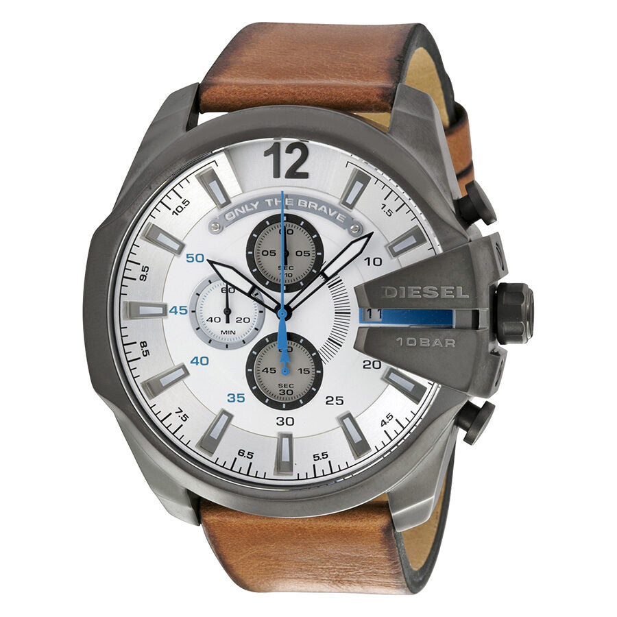 Diesel Mega Chief chronograph white dial with blue accents and brown leather strap
