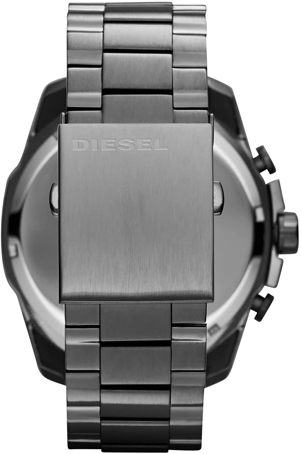 Back of Diesel Mega Chief watch showing engraved caseback and gunmetal bracelet
