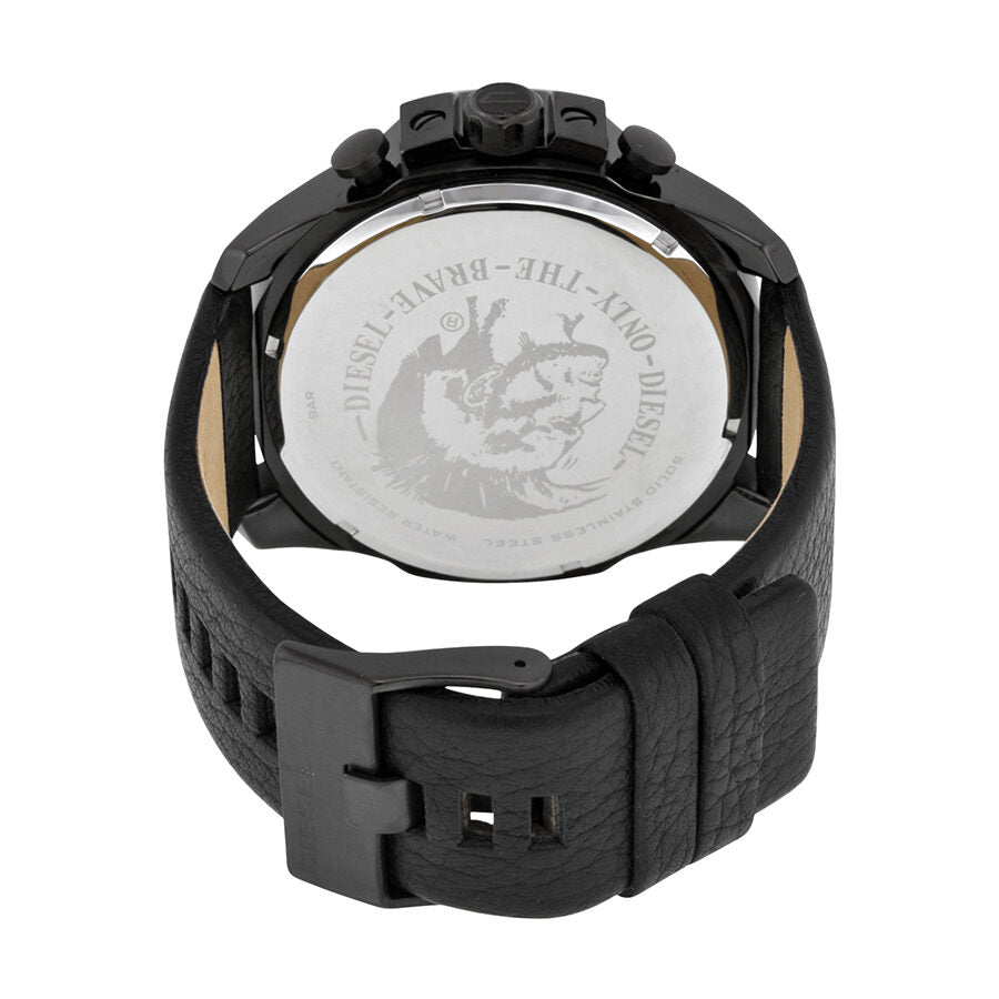 Case back of Diesel Mega Chief watch showing engraved Diesel branding and leather strap