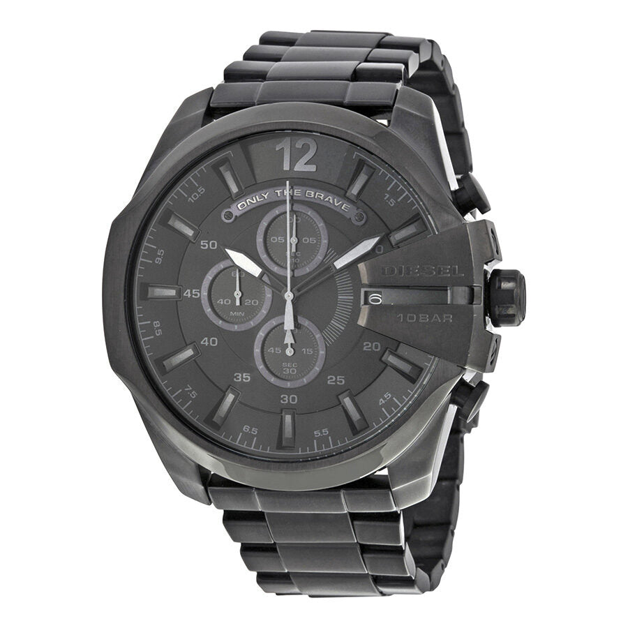Diesel Mega Chief chronograph watch with black dial, stainless steel case and bracelet, displaying chronograph subdials