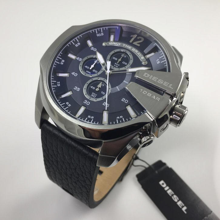 Diesel Mega Chief Blue Dial Black Leather Chronograph Watch DZ4423