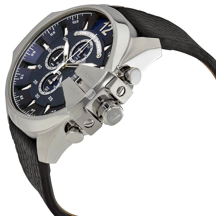 Diesel Mega Chief Blue Dial Black Leather Chronograph Watch DZ4423