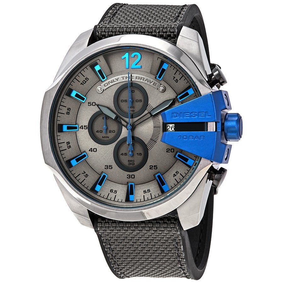 Diesel Mega Chief DZ4500 watch with grey dial, blue chronograph pushers, and grey fabric strap