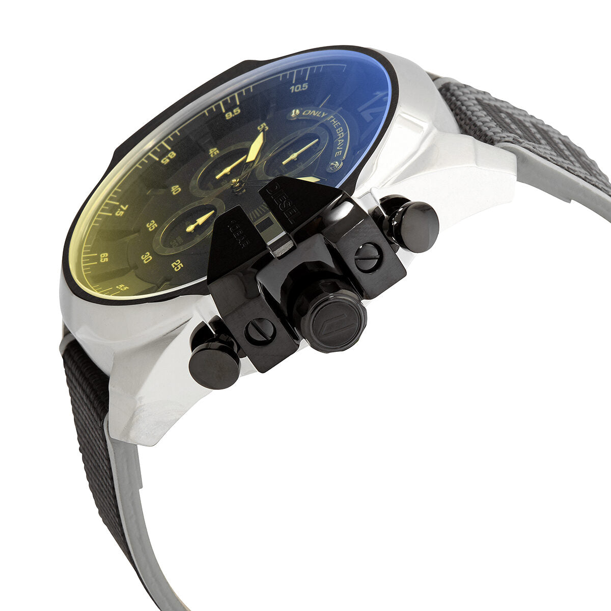Diesel Mega Chief DZ4523 side angle view showing chronograph pushers and textile strap