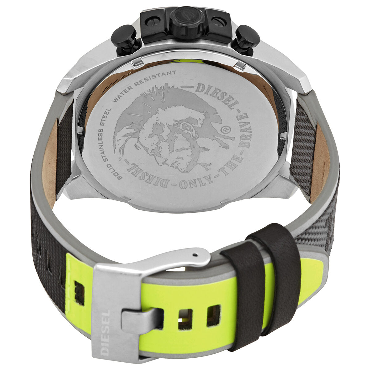 Diesel Mega Chief DZ4523 caseback with engraved logo and neon yellow textile strap detail