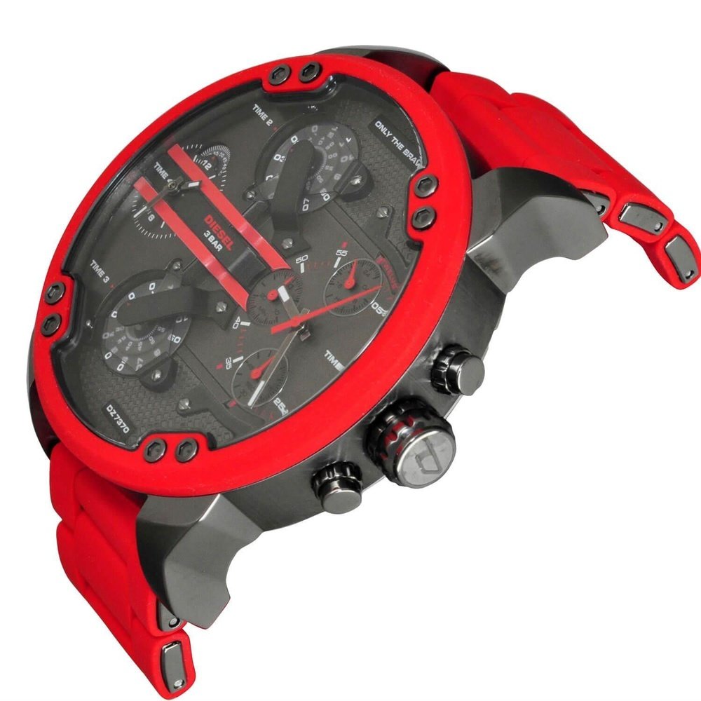 Angled three-quarter view of Diesel Mr. Daddy 2.0 chronograph with red case and strap