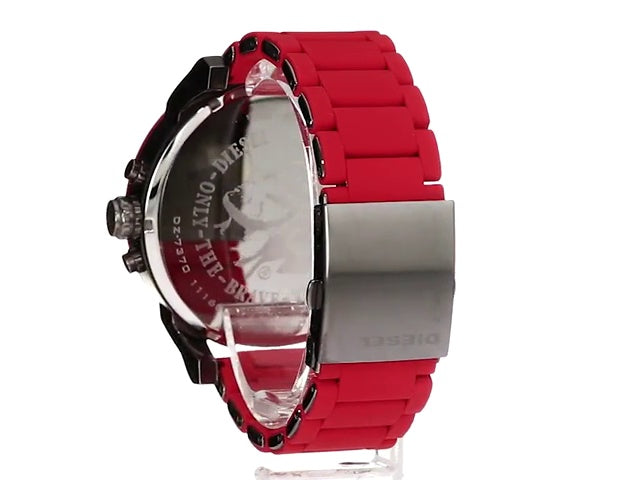 Caseback view of Diesel Mr. Daddy 2.0 watch showing transparent back and red strap