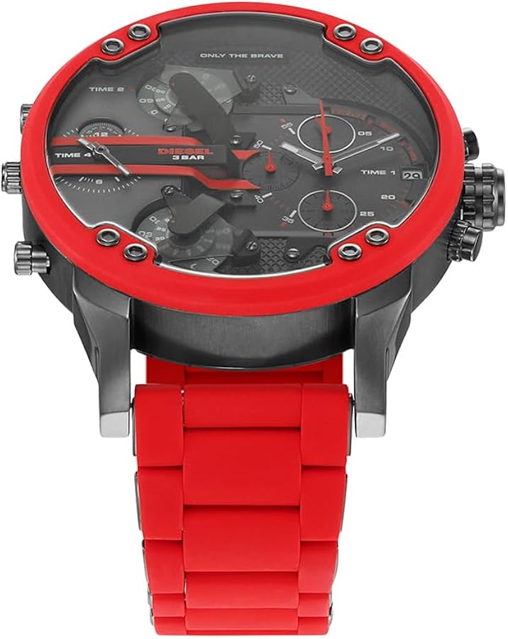 Top-down view of Diesel Mr. Daddy 2.0 watch with chronograph dial and red strap