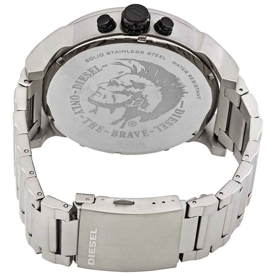Diesel Mr. Daddy 2.0 caseback showing stainless steel engraved with Diesel branding and only the brave motto
