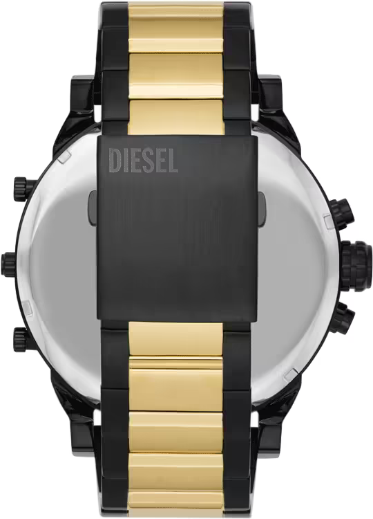 DIESEL Mr. Daddy 2.0 caseback showing two-tone gold and black stainless steel bracelet