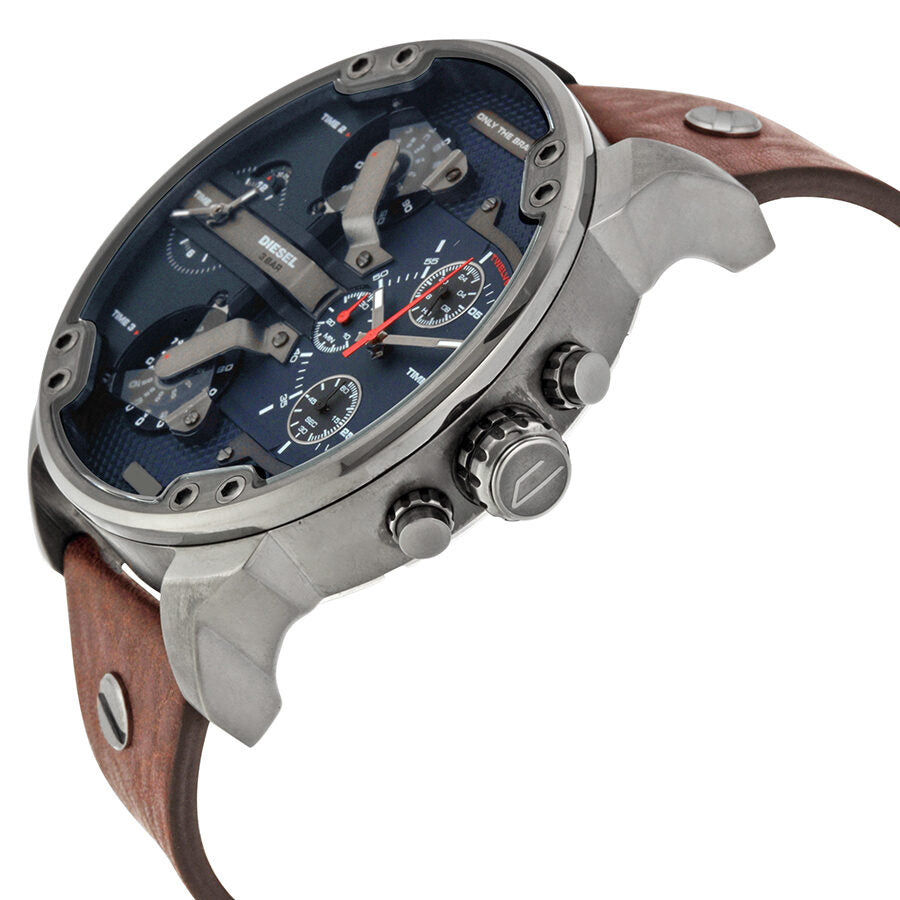 Diesel Mr Daddy DZ7314 watch side angle showing gunmetal case and brown leather strap