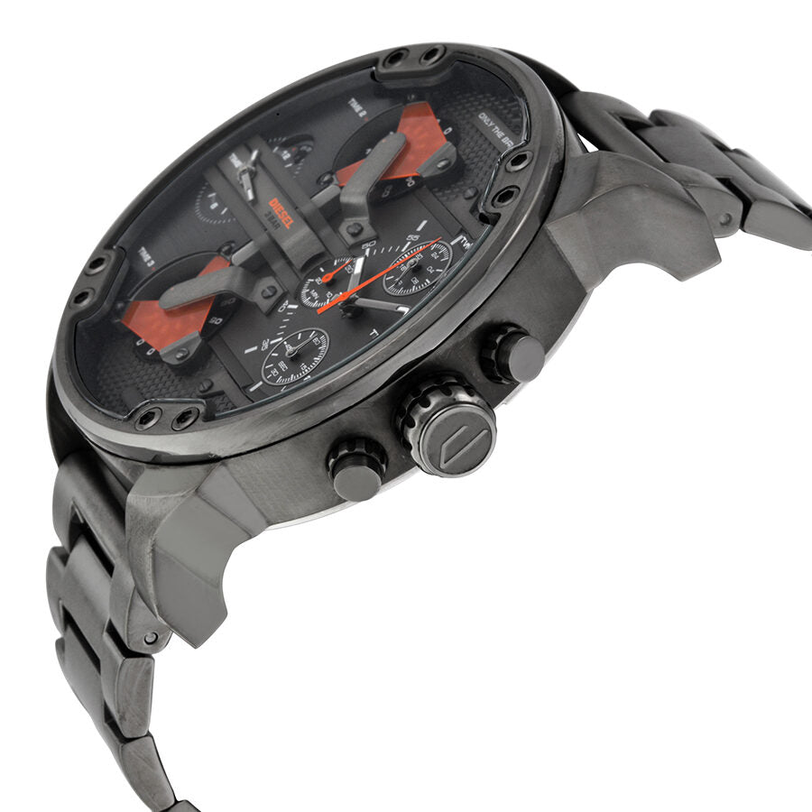 Diesel The Daddies DZ7315 watch shown at angle with steel bracelet visible