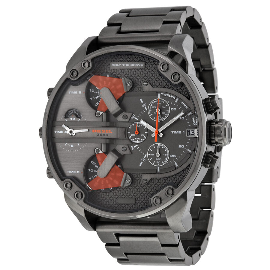 Diesel The Daddies DZ7315 chronograph watch with four time zone dial, gunmetal case, and steel bracelet