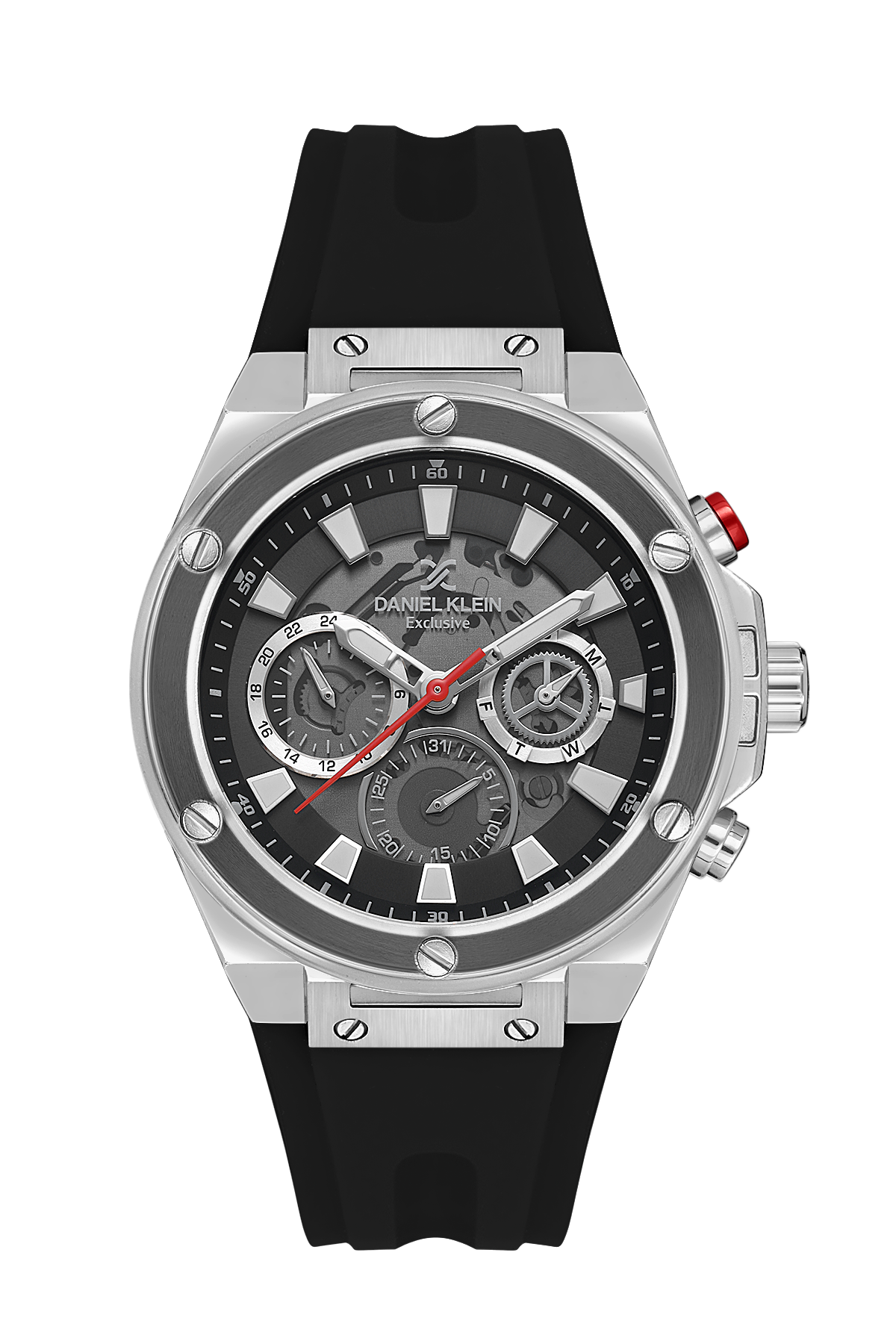 Daniel Klein DK.1.13889-1 watch with grey dial, silver case, and black silicone strap
