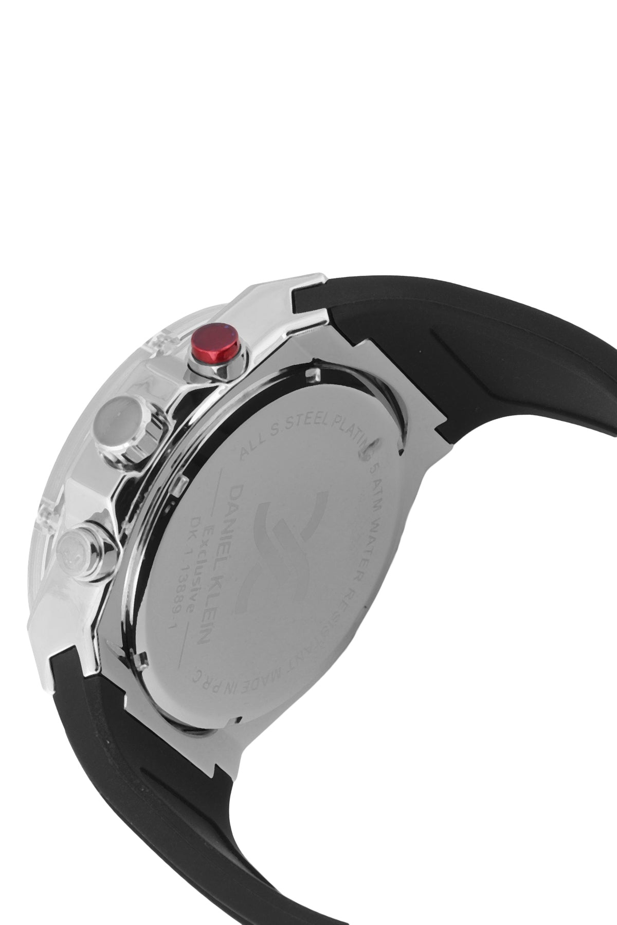 Daniel Klein DK.1.13889-1 side view showing silver case and black strap