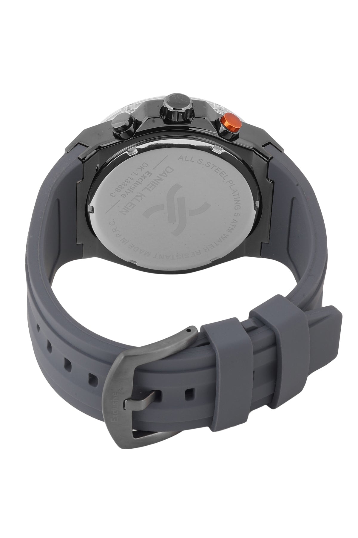Grey silicone strap with buckle closure on Daniel Klein chronograph watch