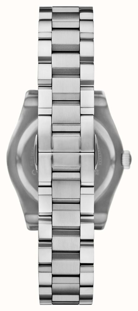 Caseback view of Emporio Armani AR11658 women's watch on stainless steel bracelet