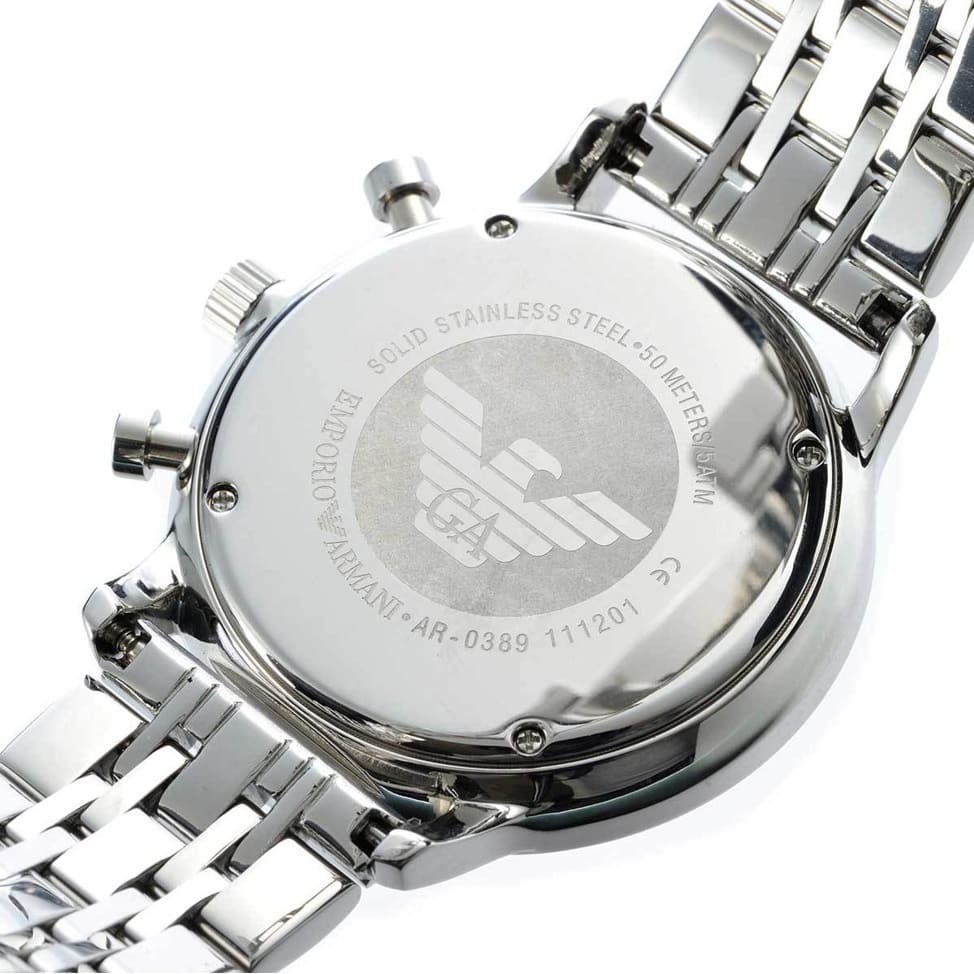 Close-up detail of Emporio Armani AR0389 case back showing solid stainless steel and model reference