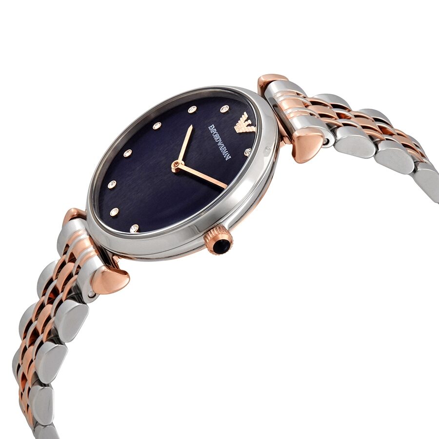 Emporio Armani AR11092 angled side view showing two-tone bracelet and blue dial with diamond markers