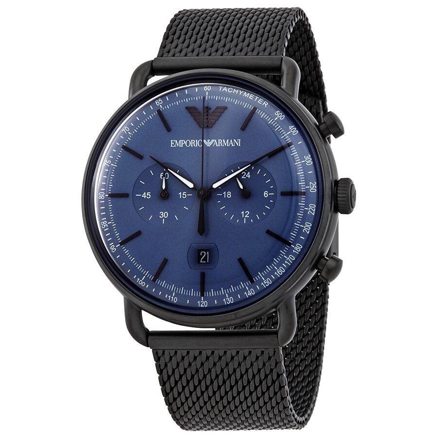 Emporio Armani AR11201 chronograph watch with blue dial and black mesh bracelet