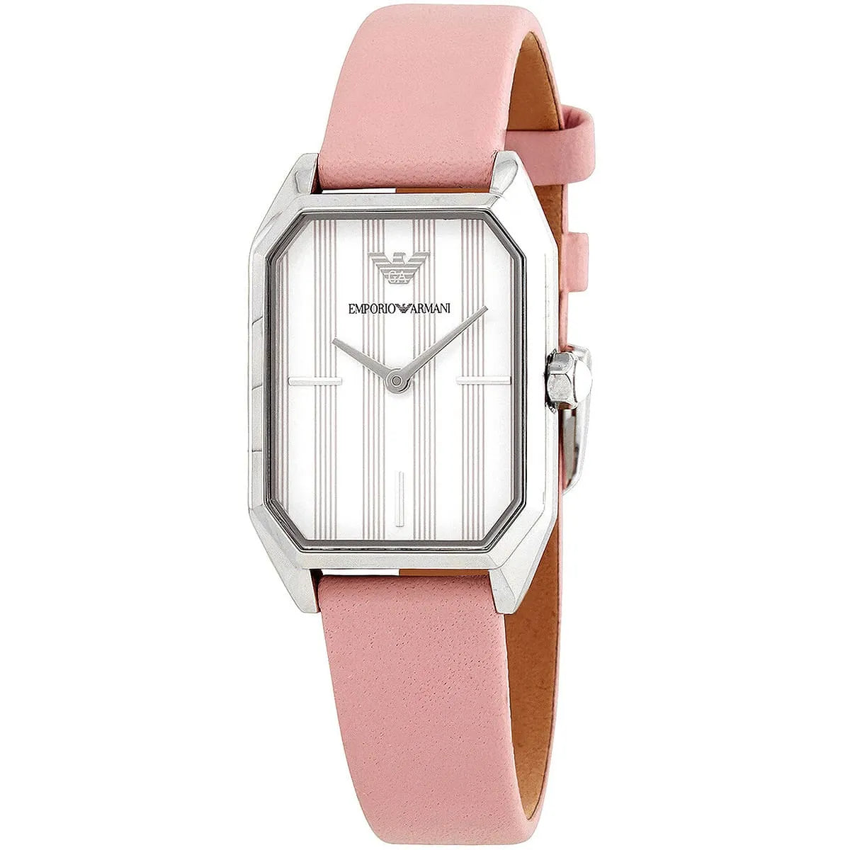 Side angle view of AR11207 watch showing pink leather strap with stainless steel buckle