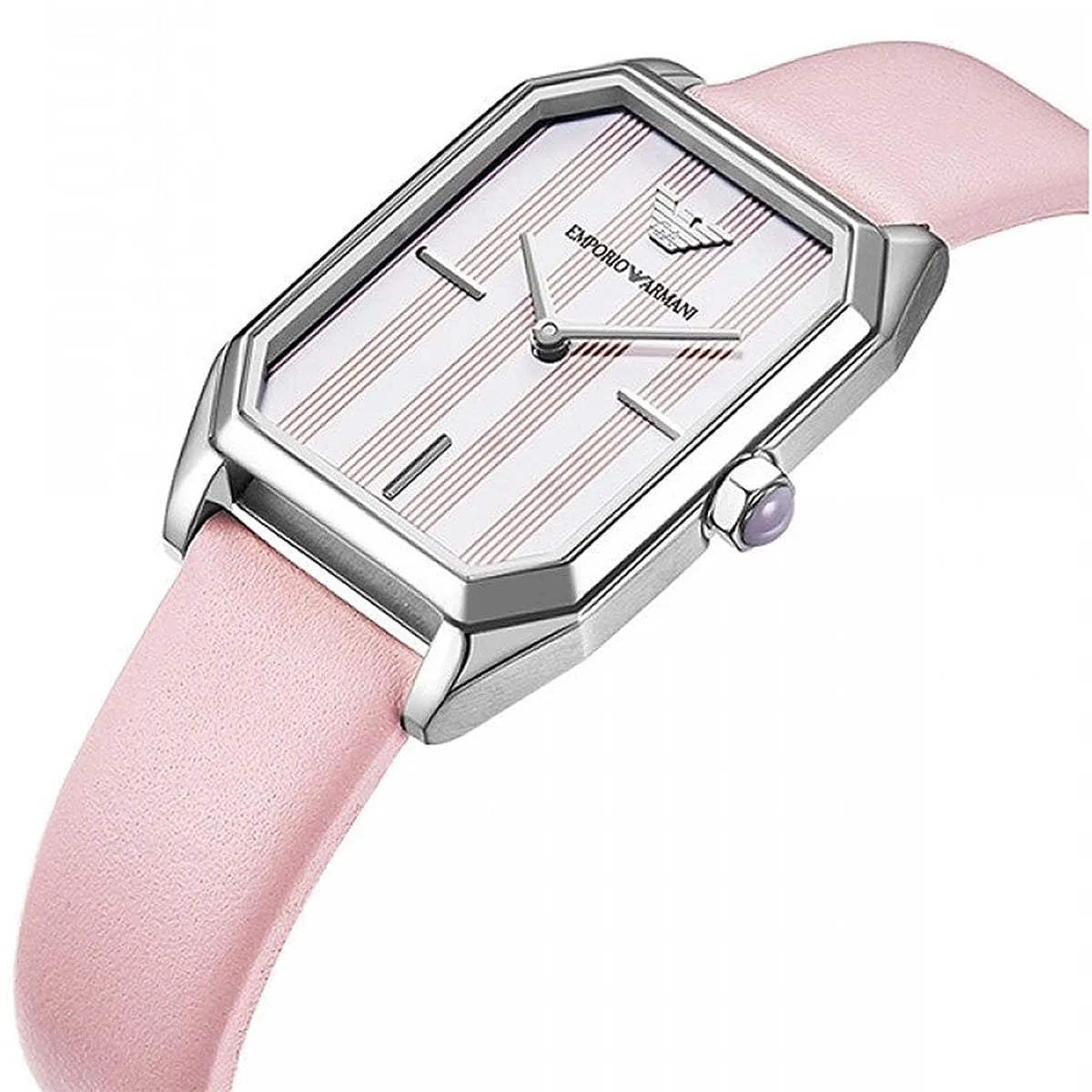 AR11207 watch worn on wrist showing rectangular case and pink leather band