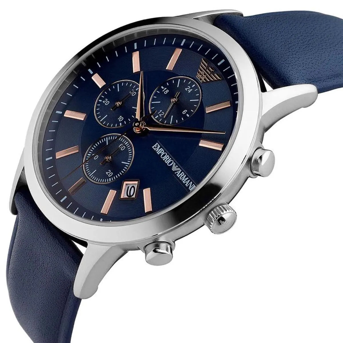 Emporio Armani AR11216 silver watch with blue chronograph dial and navy strap