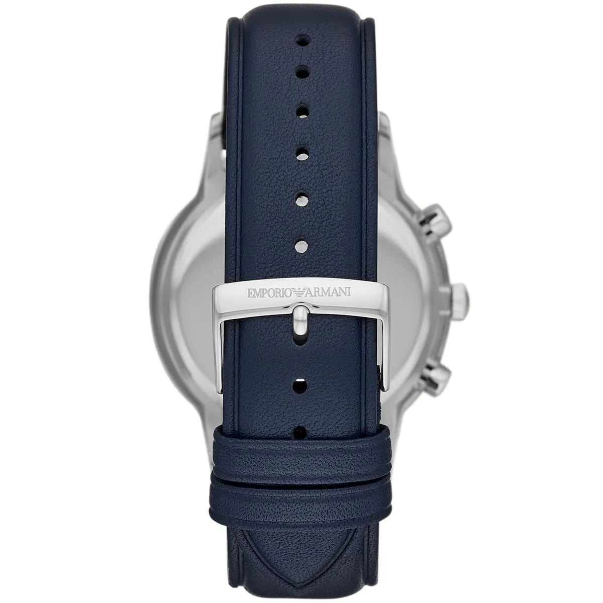 Emporio Armani AR11216 watch caseback showing white dial with navy leather strap