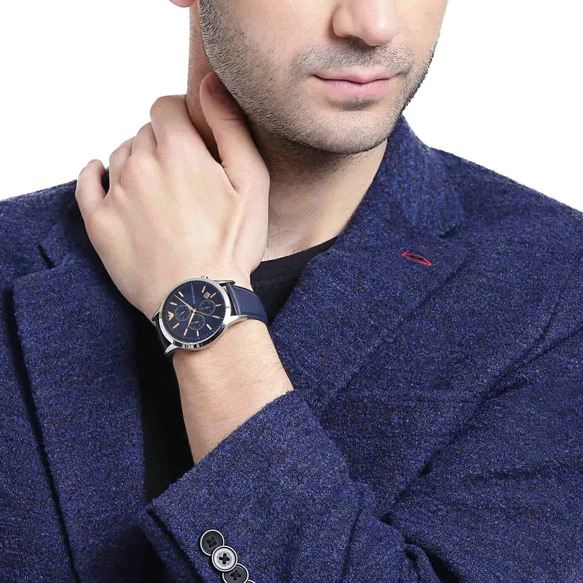 Emporio Armani AR11216 silver chronograph watch worn on male wrist