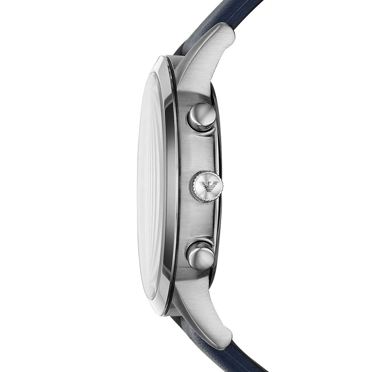 Emporio Armani AR11216 watch side view with chronograph pushers and navy strap