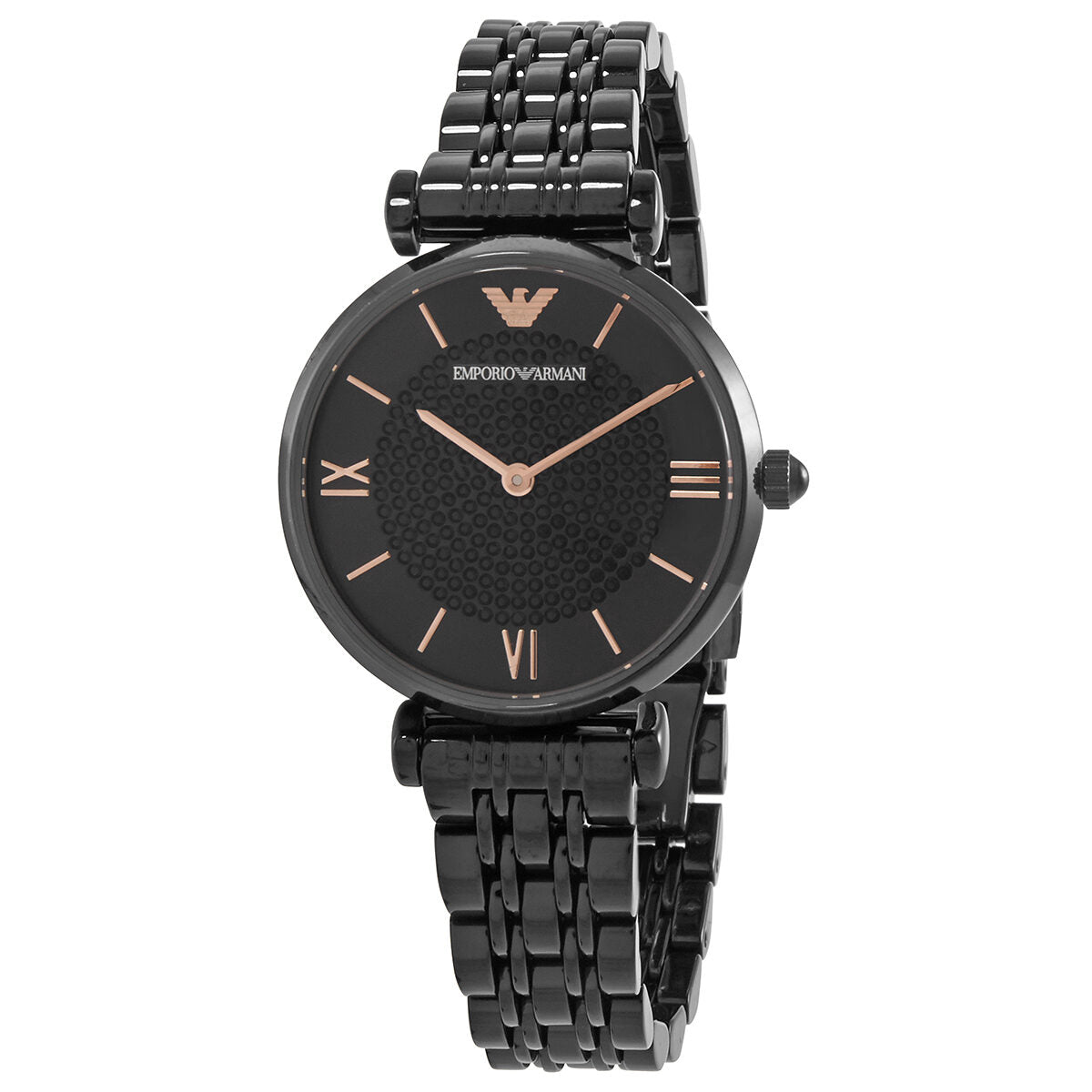 Emporio Armani AR11245 black dial ladies watch with rose gold accents and black stainless steel bracelet
