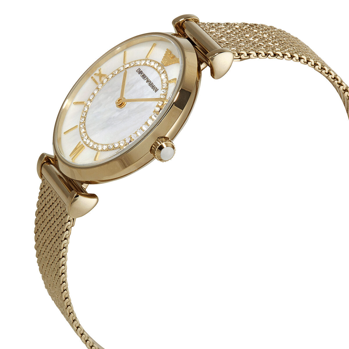 Side view of Emporio Armani AR11321 showing mother of pearl dial with crystal bezel and gold mesh strap