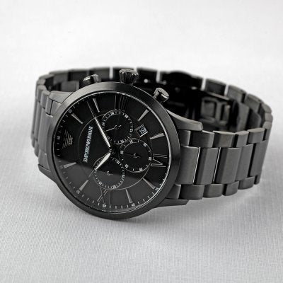 Emporio Armani AR11349 chronograph watch worn on wrist with black stainless steel band