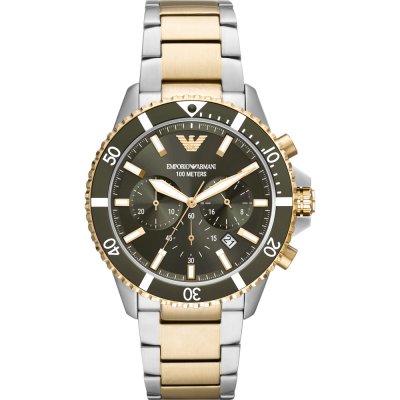 Emporio Armani AR11361 two-tone chronograph watch with black dial and rotating bezel