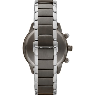 Emporio Armani AR11391 watch caseback showing two-tone steel bracelet and chronograph pushers