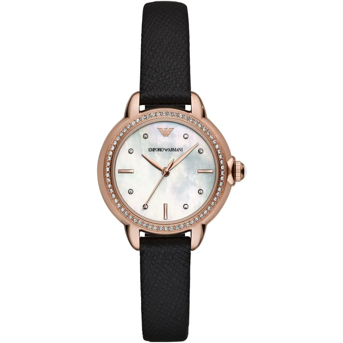 Emporio Armani Rosa MOP Dial Black Genuine Leather Women's Watch - AR11598