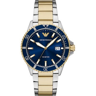 Emporio Armani AR11682 watch front view with blue dial and two-tone steel bracelet