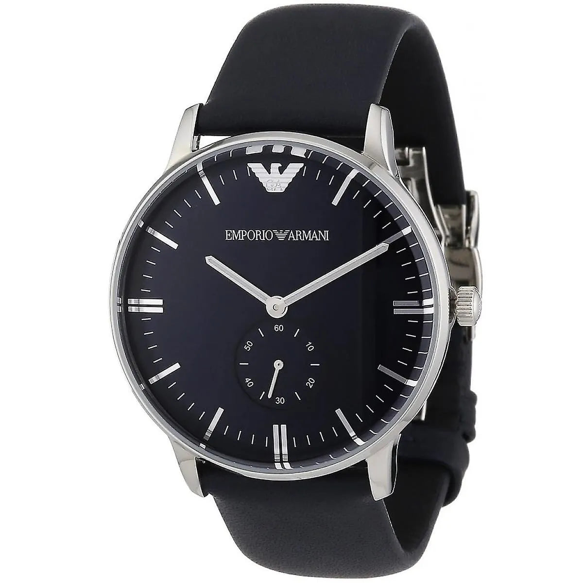 Emporio Armani AR1647 watch at angle showing silver case, dark blue dial, and black leather strap
