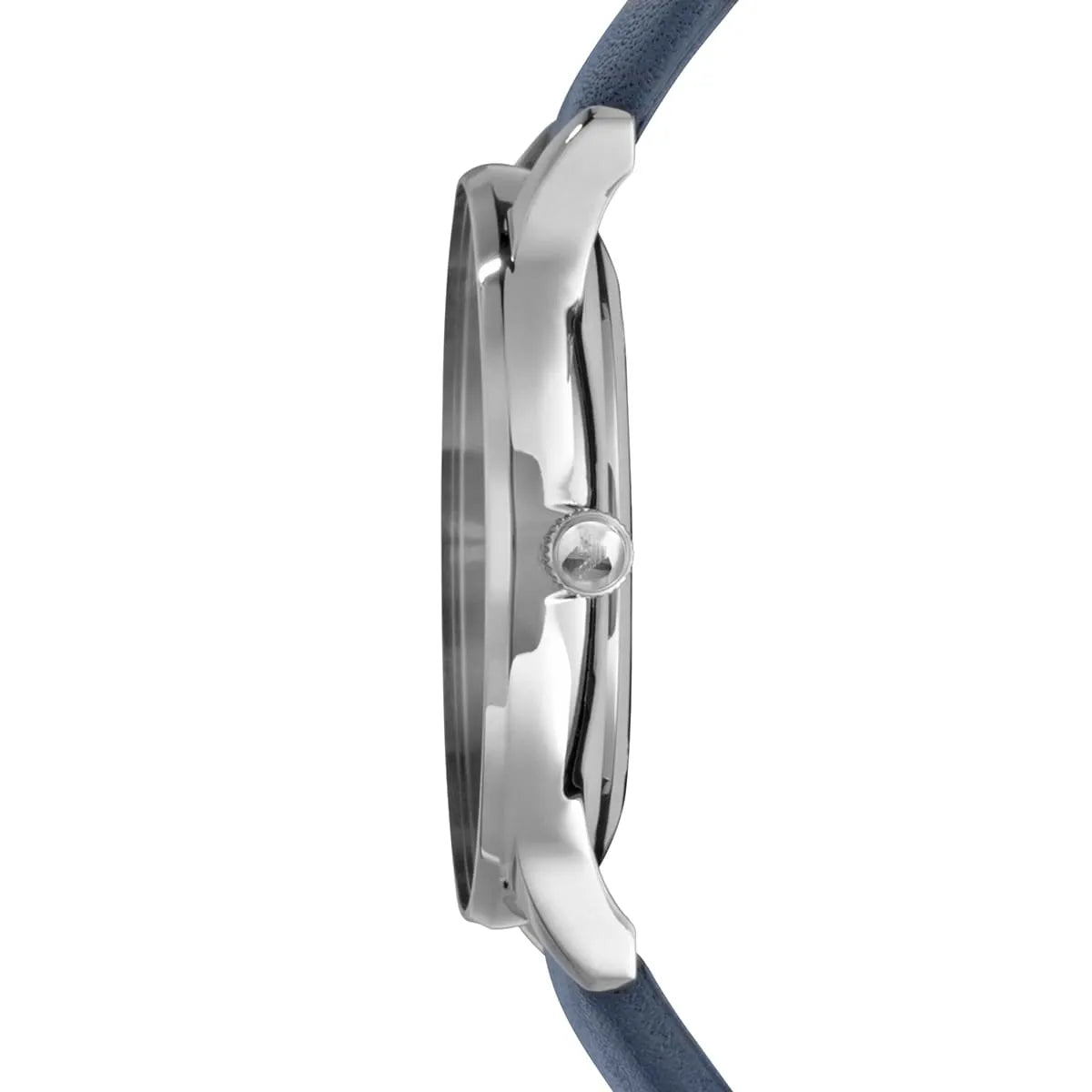 Emporio Armani AR1647 watch side profile showing slim silver case and blue leather strap