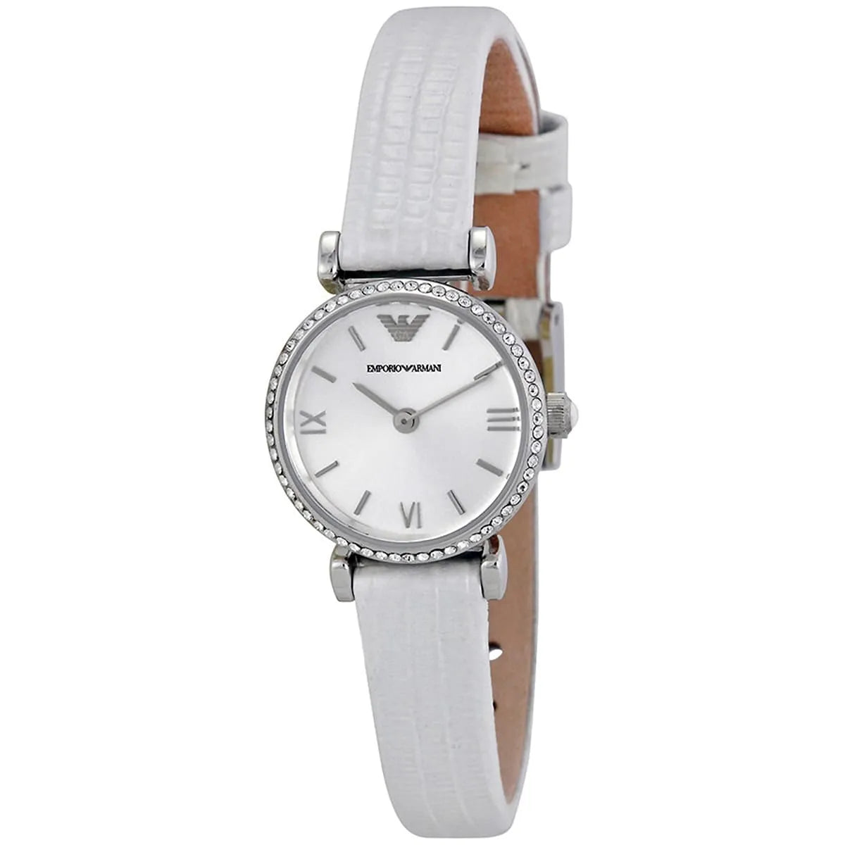 Emporio Armani Gianni T-Bar mini silver watch at angle showing white leather strap and case