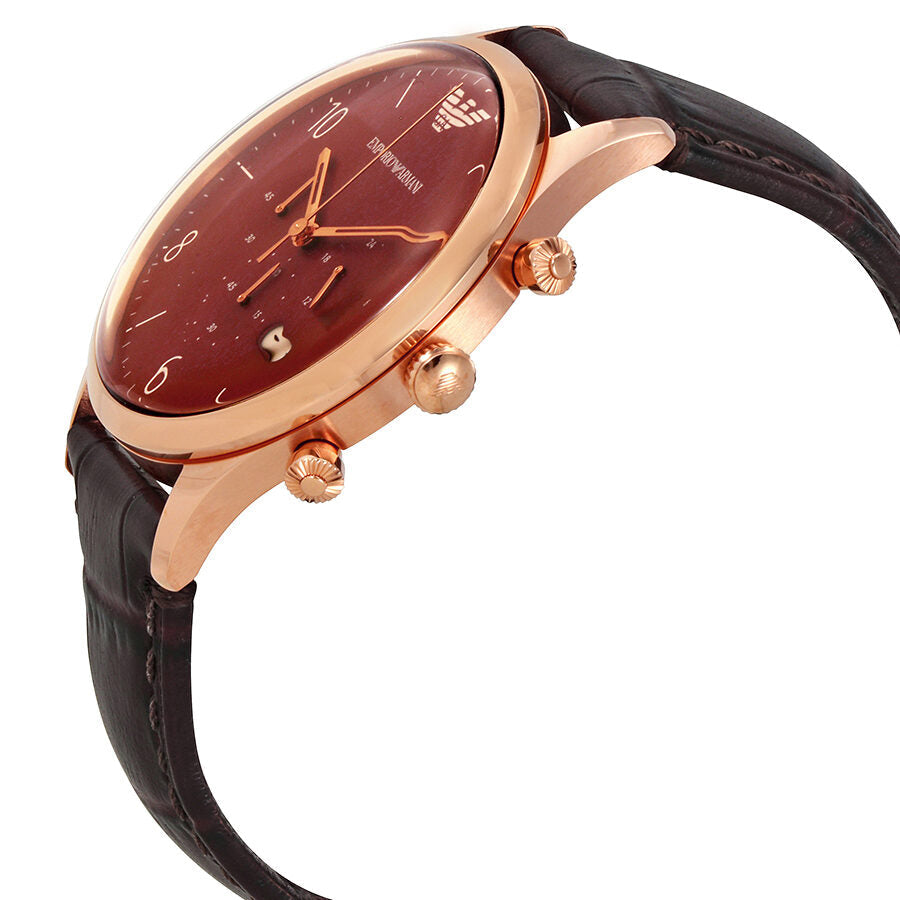 AR1890 chronograph with burgundy dial, rose gold bezel, and dark leather strap