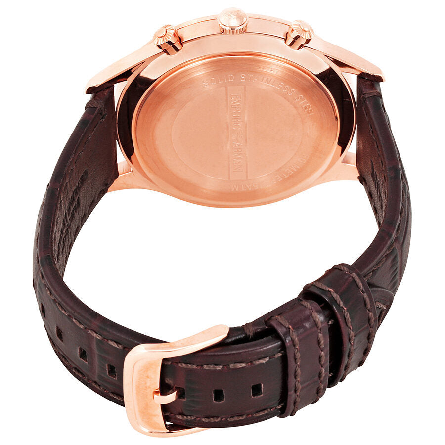 Rose gold caseback of Emporio Armani AR1890 watch with brown leather strap