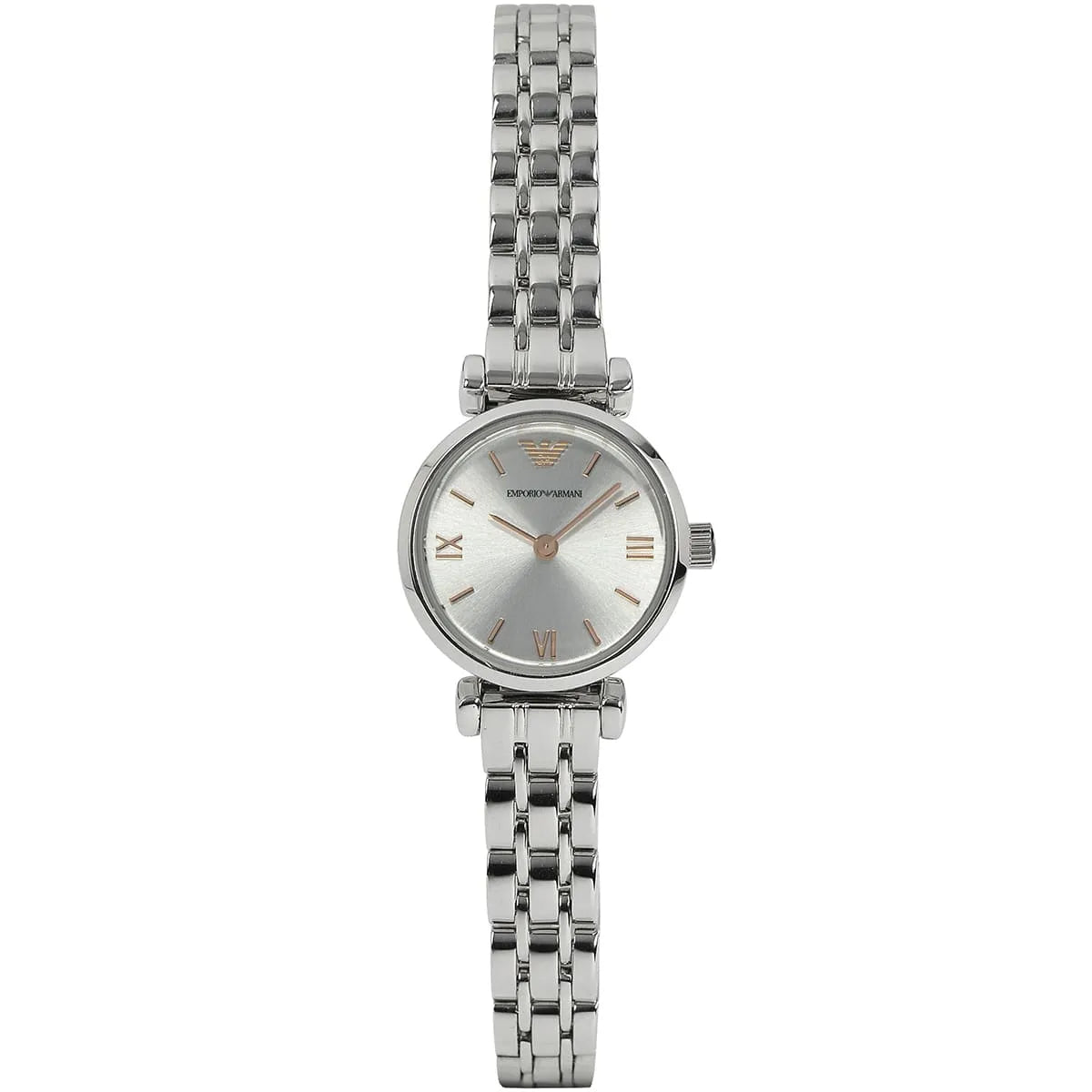 Emporio Armani Gianni T-Bar Mini women's watch worn on wrist showing silver dial