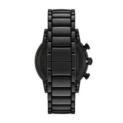 Emporio Armani AR1973 watch with black metal bracelet and chronograph pushers viewed from above
