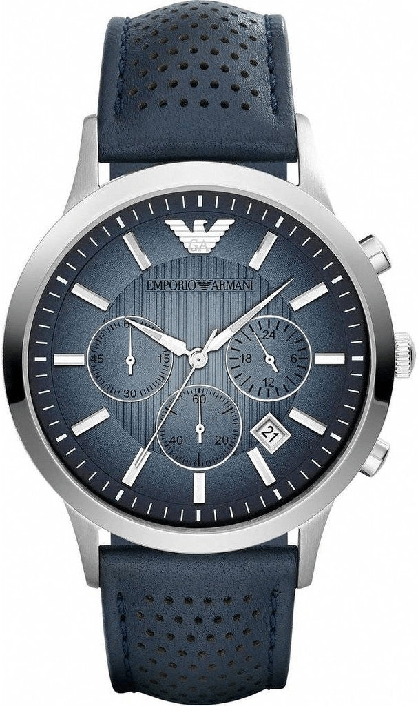 Emporio Armani AR2473 chronograph watch with blue dial and silver case on blue perforated strap
