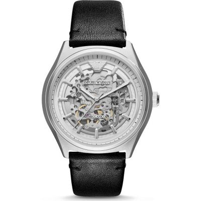 Emporio Armani AR60003 watch with skeleton dial, silver case, and black leather strap