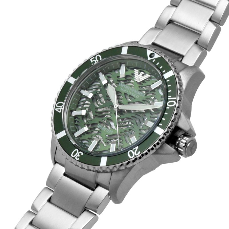 AR60061 skeleton diver watch angled view showing green bezel and silver metal bracelet