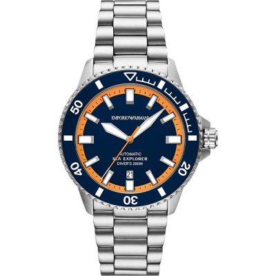 Emporio Armani Sea Explorer AR60090 automatic watch with navy dial, orange accents, stainless steel case and bracelet